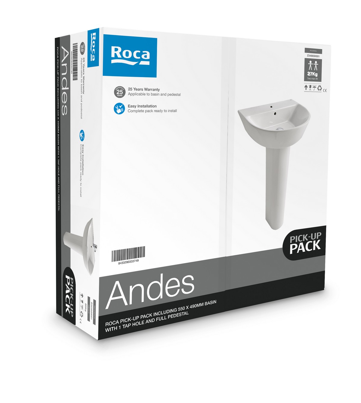 Roca - Andes Basin and Pedestal Set - 1 Tap Hole - 550mm - White